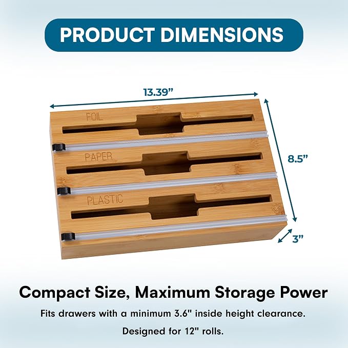 Honey-Can-Do Bamboo Wrap Organizer with Safety Cutter — 3-in-1 Drawer Holder for Aluminum Foil, Wax & Parchment Paper, and Plastic Wrap (Fits 12" Rolls) - Image 8