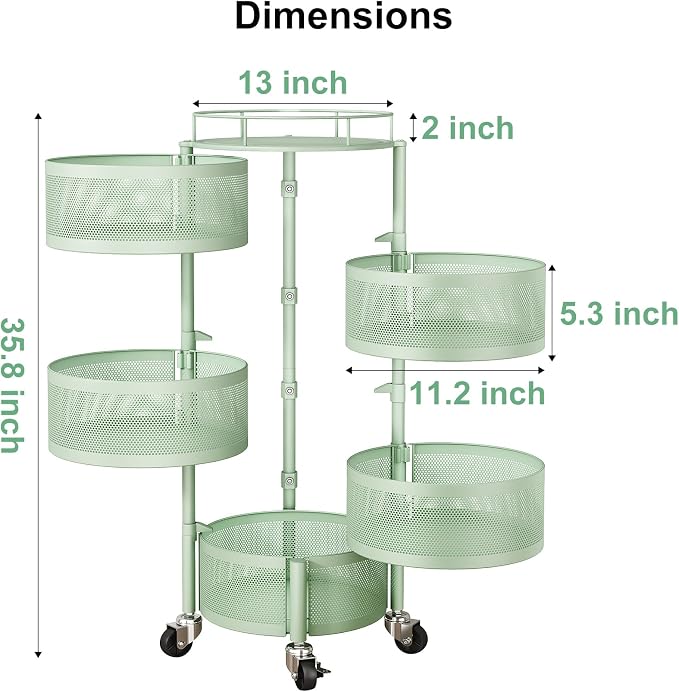 SAYZH 5 Tier Fruit Vegetable Basket Stand for Kitchen, Rotating, Green | Rolling Storage Cart with top lid, Large Metal Wire Rack for Potato and Onion Storage - Image 2