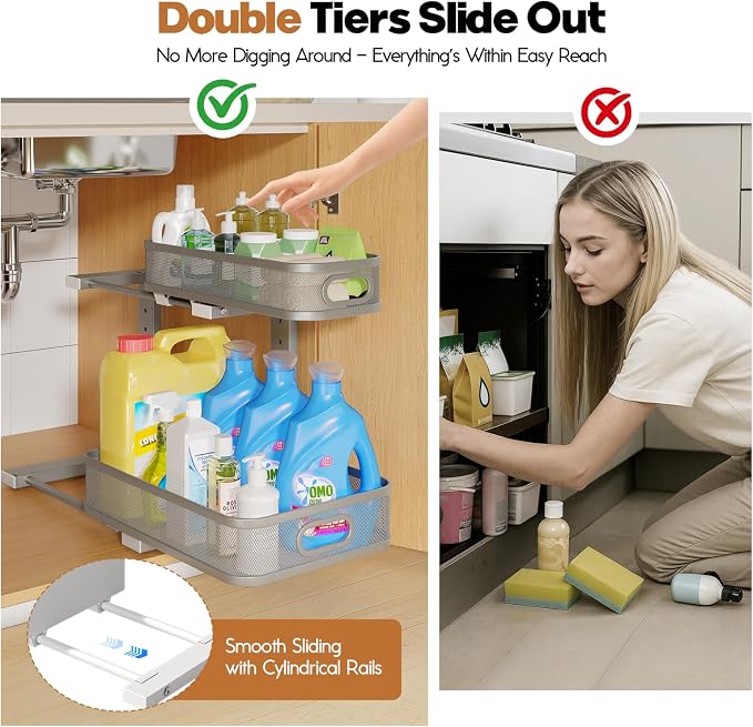 1 Pack 15.7IN-Depth Under Sink Organizer With Smooth Cylindrical Rail,2-Tier Pull Out Multi-Purpose Cabinet Storage for Bathroom&Kitchen,Height Adjustable,Rust-resistant Coating-Gun Gray - Image 3
