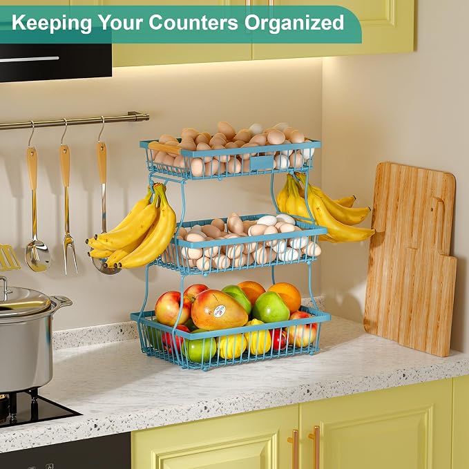 3 Tier Fruit Basket for Kitchen Counter with 2 Banana Hangers, Countertop Metal Fruit Bowl with Wooden Handle, Large Storage Stand for Vegetables, Snacks, Breads, Produce Storage – Blue - Image 2