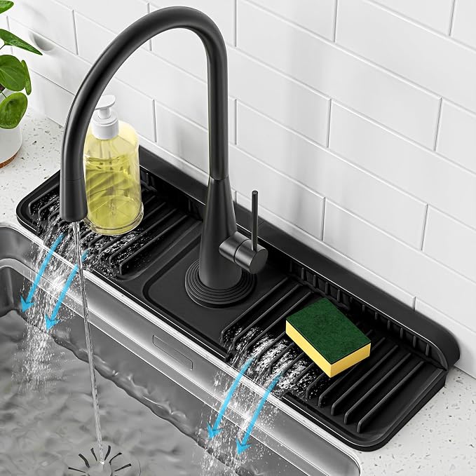 PoYang 17.7 Inch Faucet Mat for Kitchen Sink Splash Guard, Silicone, Black | Sink Protectors with 7° Slope for Smooth Drainage, Snap Button Holds It in Place, 90° Foldable & Cuttable Hole Fit Most Sinks by PoYang