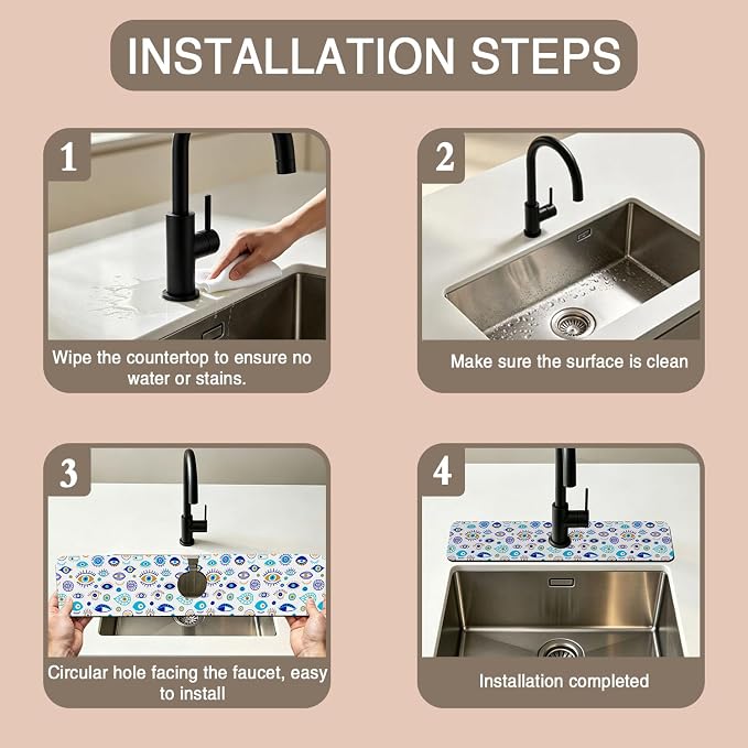 Faucet Mat for Kitchen Sink Doodle Drawing Evil Eyes Sink Splash Guard Behind Faucet Soft Diatom Mud Material Non-slip Easy to Clean for Bathroom & Kitchen 24"X5.5" - Image 4