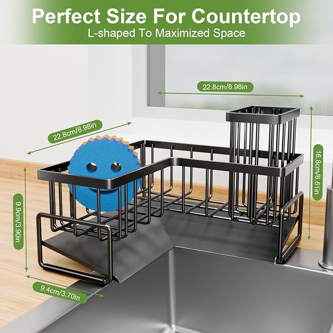 Fikoksol Large Sponge Holder for Kitchen Sink, 90-Degree Sink Caddy Storage | Self Draining Sponge Rack for Countertop, Metal L-Shaped Dish Soap Organizer with Brush Holder, Corner Sink Storage Ideas - Image 2