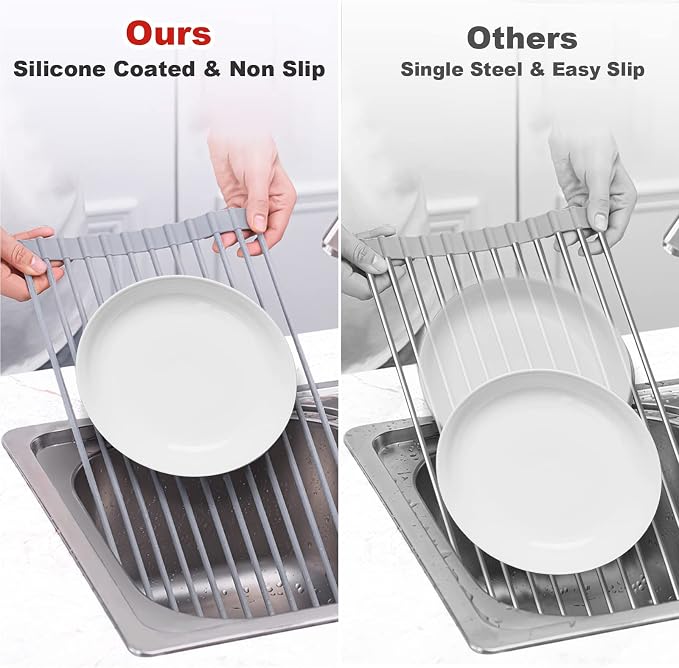 MERRYBOX Roll Up Dish Drying Rack, Over The Sink Dish Rack Foldable, Heat-Resistant, Anti-Slip Silicone Coated Steel Dish Drainer for Kitchen Sink, Multipurpose Roll Up Sink Drying Rack, 17.5" x 13" - Image 6