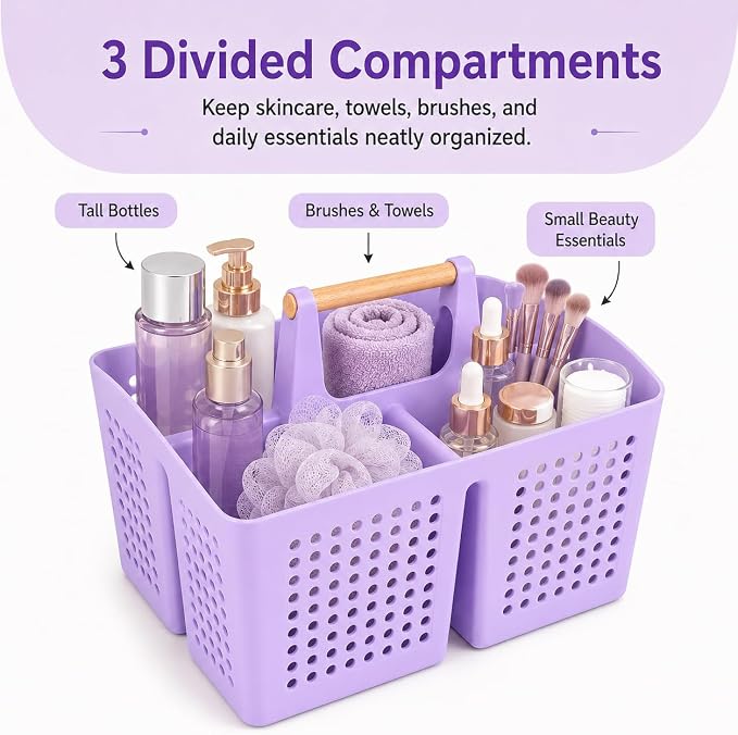 Portable Shower Caddy Basket with 3 Compartments and Handle, Purple | Plastic Divided Beauty Caddy Organizer for Hair Care, Cosmetics, Toiletries, Craft Supplies, Dorms and Vanities - Image 3