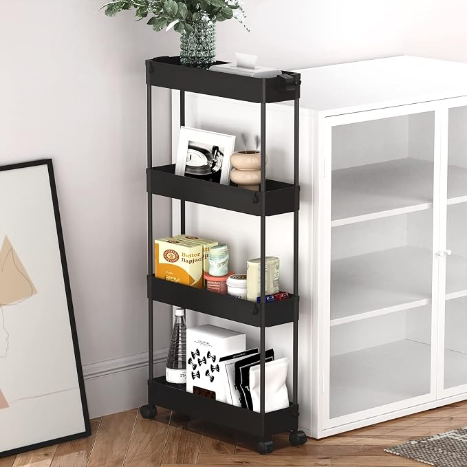 Slim Storage Cart 4 Tier,Bathroom Organizer Rolling Utility,Mobile Shelving Unit Slide Out for Office, Kitchen, Laundry Room & Narrow Places,Black - Image 6
