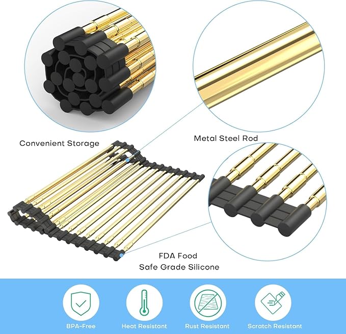 Expandable Roll Up Dish Drying Rack, Adjustable Large Over The Sink Rack Draining Rack (Max Extends to 21.26”) for Stainless Steel Sink Rack, Collapsible Rolling Up Rack 18 Tube for Kitchen, Gold - Image 3