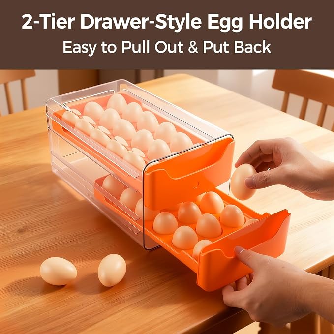 Egg-Holder for Fridge, Fits Small to Large Eggs, Orange | 36 Egg-Storage for Refrigerator Countertop, 2 Tier Dispenser with Drawer, Stackable Clear Egg Tray Container - Image 5