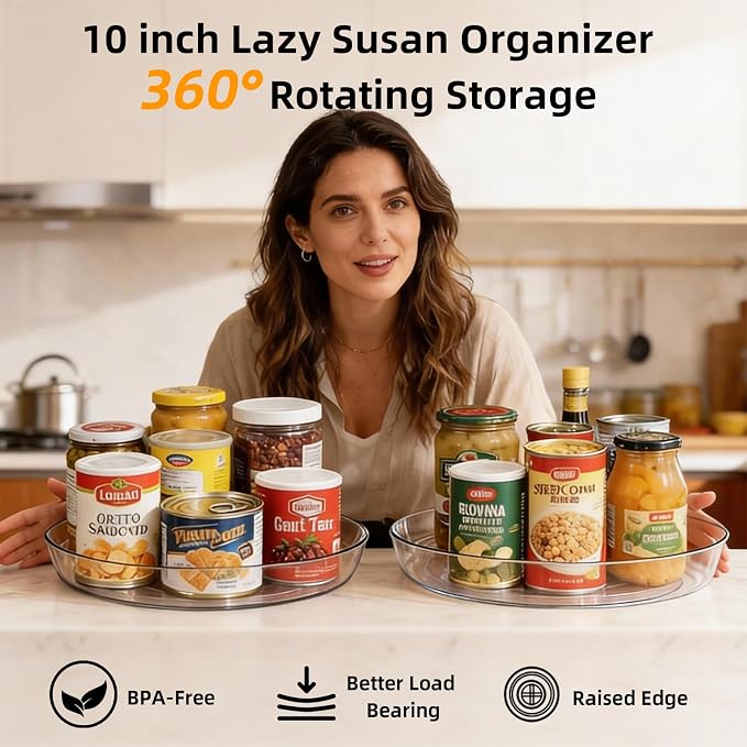 8 Pack Lazy Susan 10 inch Turntable for Spice Organization | Clear BPA-Free Plastic Rotating Organizer for Kitchen Cabinet, Pantry, Countertop, Fridge | 360-Degree Rotating Base - Image 2