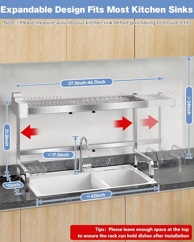 2-Tier Stainless Steel Over-the-Sink Dish Drying Rack, Expandable | Expands from 37.3 to 44.7 inches with two tiers, hooks and holders to organize cookware, dishes and utensils. - Image 2