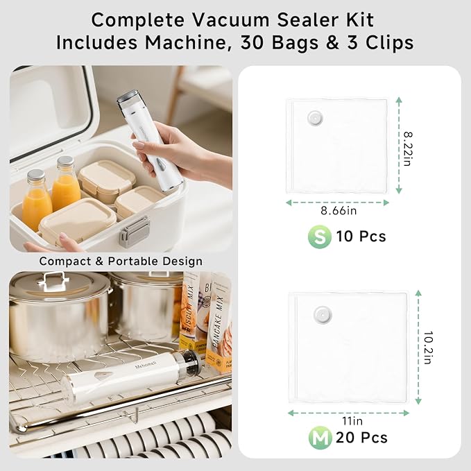 Compact Handheld Vacuum Sealer for Food with 30 Reusable Bags | Powerful 60 kPa suction, Keeps food fresh up to 6X longer, Cordless handheld design, Ideal for meal prep and food storage - Image 7