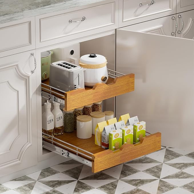 DINDON 2 Tier Pull Out Cabinet Organizer (17" W x 21" D) Slide Out Wood Shelf Double Tier Kitchen Wire Basket With Chrome Finish… - Image 6