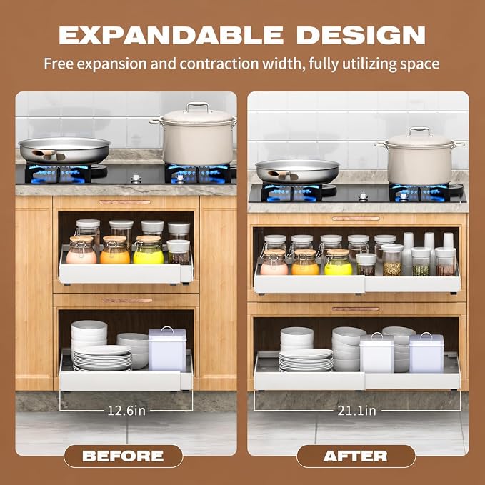4 Pack Pull Out Cabinet Organizer Expandable, 21" Deep | Pull Out Drawers for Cabinets with Adjustable width from 12.6" to 21" Sliding Drawers for Cabinets with Heightening Pad No Drill for Kitchen - Image 5