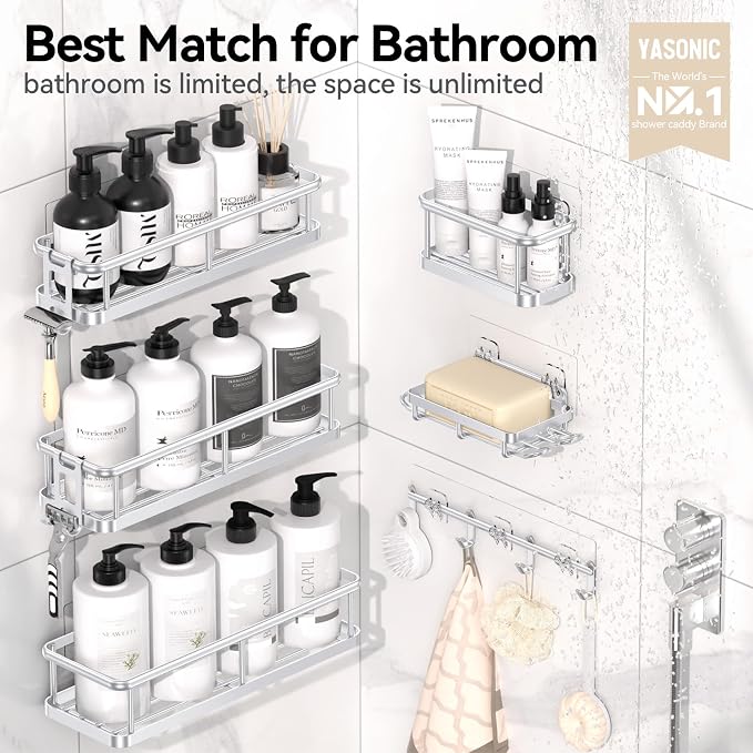 Shower Caddy Adhesive, Rustproof Shower Organizer with Soap Holder, Large Capacity Shower Shelves for Inside Shower, No Drilling Bathroom Organizers and Storage for Home Decor（6 Pack Silver） - Image 2