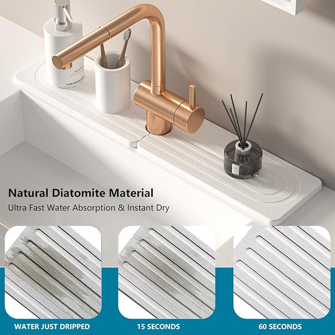Diatomite Stone Faucet Mat for Kitchen Sink,15.8 x 3.9 Inch | Sink Protectors for Kitchen Sink, Fast Drying Sink Splash Guard Pad, Water Absorbing Stone Drying Tray for Kitchen Bathroom - Image 2