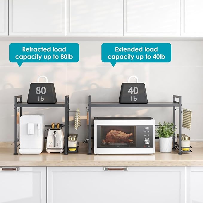 Expandable Microwave Stand Kitchen Countertop Organizer With Storage, Black | Adjustable Microwave Oven Rack Metal Storage Shelf for Pans Small Appliances Kitchen Utensils Tableware, 2-Tier - Image 7