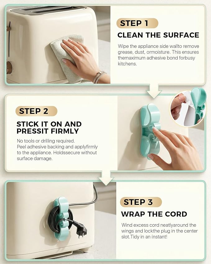 6 PCS Cord Organizer for Appliances, Upgraded Kitchen Appliance Cord Organizer Stick On Appliance Wire Organizer Wire Wrap for Kitchen Appliances Mixers, Coffee Maker, Pressure Cooker, Air Flyer - Image 6
