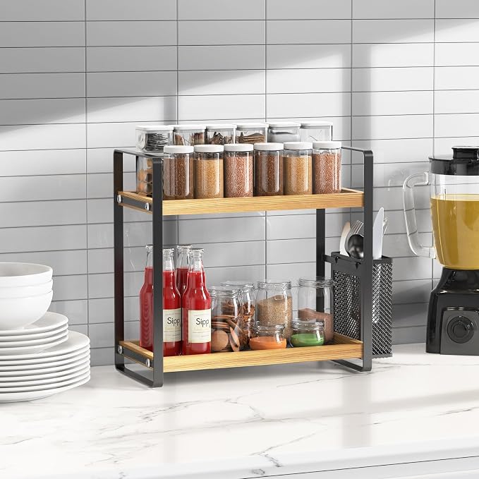 2-Tier Coffee Bar Organizer With Basket,Wooden Counter Shelf for Coffee Bar Accessories,Kitchen Spice Rack Organizer for Countertop-Brown - Image 7