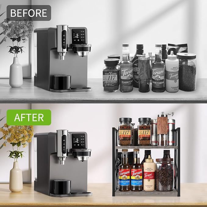 YINMIT Kitchen Countertop Organizer,Spice Rack,Coffee Bar Shelf Organizer | 2-Tier Coffee Station,Seasoning Storage,Syrup,Mug Cup,Bottle Holder,Bathroom Vanity,Pantry,Bedroom and Office,Grey,Medium - Image 5