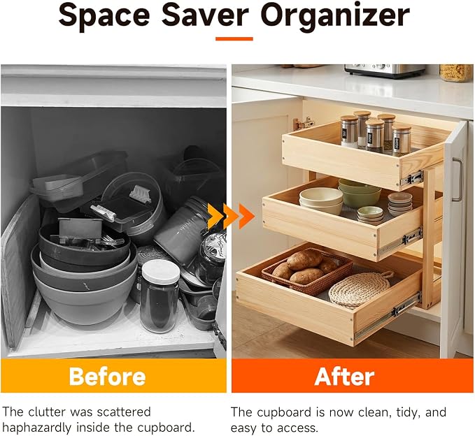 Pull Out Kitchen Drawer Cabinet organizer, 3 Tier 20"W*21"D*19"H,Soft Close Slide Out Wood Shelves Storage for Kitchen Heavy-Duty, Bottom Assembly (Cabniet Opening W>20.5'',D>21.5'',H>19.5'') - Image 5