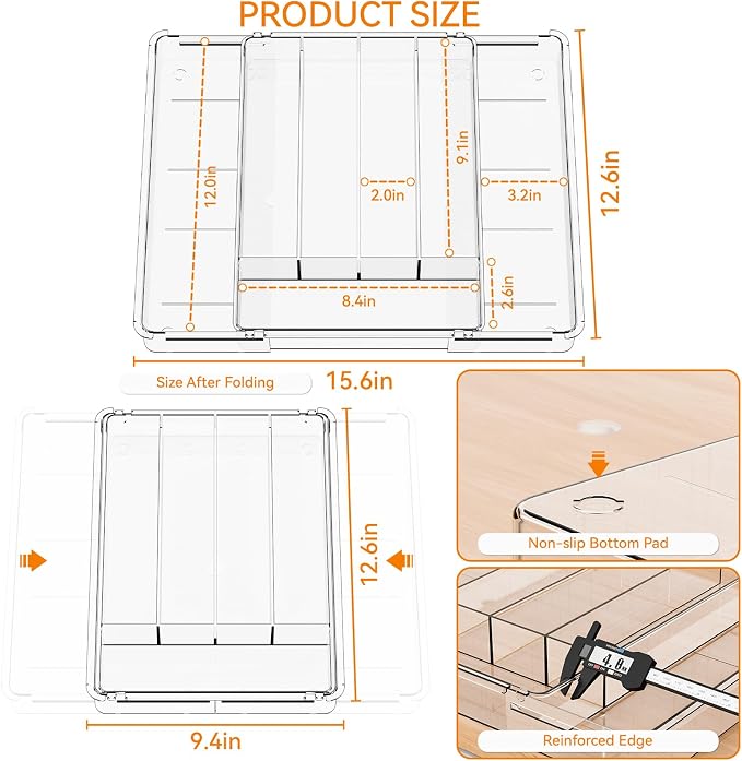 Clear Expandable Silverware Drawer Organizer,9.4-15.6In Adjustable Silverware Tray for Drawer,Acrylic Kitchen Utensil Drawer Organizer for Cutlery,Flatware Organizers and Fork and Spoon Holder - Image 3