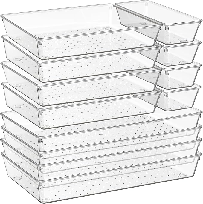 12 Pack Large Clear Plastic Drawer Organizer Trays | MULTI-USE Acrylic Drawer Storage for Kitchen, Bathroom, Makeup, Office, School, Undies | College Dorm Room, Home Apartment Essentials by Criusia