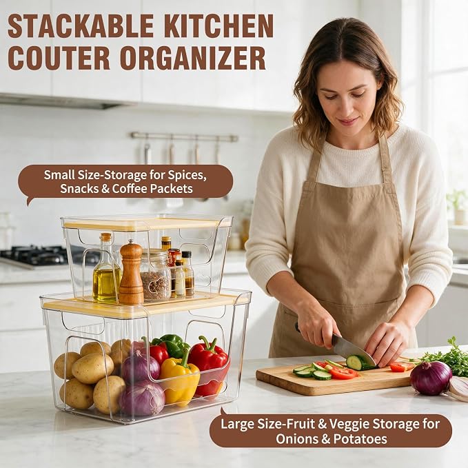 ONEDONE Pantry Organizers and Storage - 2 Set Potato and Onion Storage Bin | Stackable Trash Bag Dispenser,Clear Storage Bins for Onion Potato Fruit,Garbage Bag Dispenser,Kitchen Under Sink Organizer - Image 2