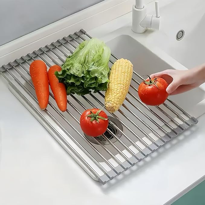 Roll Up Dish Drying Rack, 21.3" x 15.8" Over The Sink Dish Drying Rack, Dish Drying Rack for Kitchen Sink Counter Storage (Grey) - Image 3