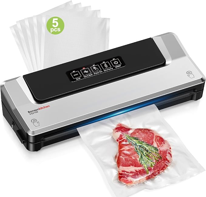 Bonsenkitchen Vacuum Sealer Machine, Multiple Modes For Meal Prep,Silver | Compact Vacuum Sealer for Kitchen Storage & Sous-Vide,External Vacuum System,6x Longer Freshness,5 Vacuum Bags by Bonsenkitchen