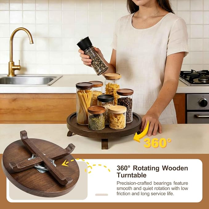 12" Solid Wood Lazy Susan Turntable Organizer for Cabinet, Pantry, Kitchen Countertop - Farmhouse Style with Raised Feet & Water-Resistant Coating, Rustic Bathroom Vanity Tray and Dining Table Decor - Image 3