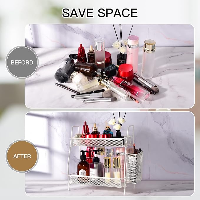 Countertop organizer for bathroom counter, bathroom organizers and storage, spice rack organizer for kitchen counter shelf with small basket(White) - Image 5