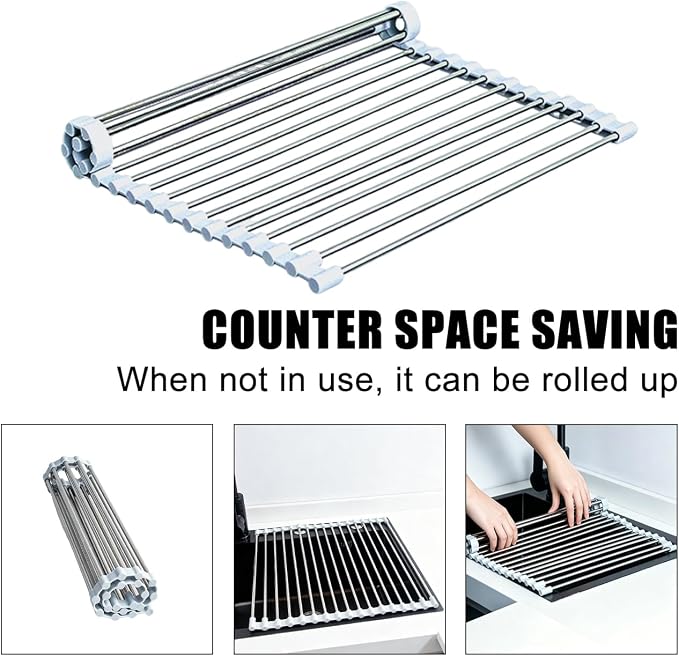 Roll Up Dish Drying Rack 17.5''x13.7'' Gray | Over the Sink Dish Drying Rack Foldable Sink Rack Mat Stainless Steel Wire Dish Drying Rack for Kitchen Sink Counter Storage - Image 4