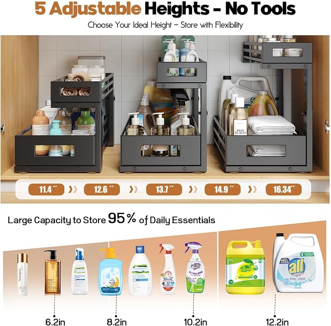 2-Pack Under Sink Organizer and Storage,2-Tier L Shape Pull Out Cabinet Organizer With Round Tube Slide Rails,Hight Adjustable Slide Out Drawers for Kitchen&Bathroom,Multi-Purpose Shelf-Black - Image 7