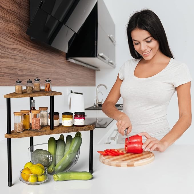 Weenson Kitchen Countertop Organizer Spice Rack for Salt, Bathroom Counter Organizer Over Sink for Toiletries, Makeup, 2-Tier Corner Counter Shelf for Coffee Area Storage Dresser Table(Rust Brown) - Image 4