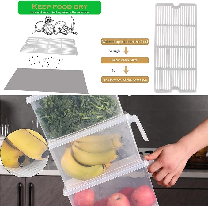 Sooyee Produce Saver Containers for Refrigerator with Drain Tray, 5L x 4 Stackable Fruit Storage Containers for Fridge,Vegetable Storage Keep Fresh for Lettuce,Salad,Berry, Salad,Meat and Fish - Image 2