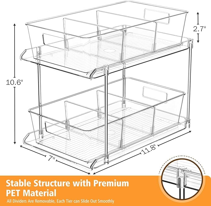 Bathroom Under Sink Organizers and Storage, 2 Tier, 2 Packs | Clear Vanity Countertop Pull-out Cabinet Organizer, Stackable Multi-Purpose Kitchen Pantry Organization with Dividers - Image 2