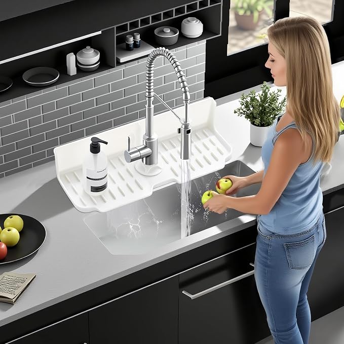 Silicone Kitchen Countertop & Sink Splash Guard, Silicone Sink Faucet Drying Mat, Faucet Mat for Kitchen Sink, 16.9” x 5.5’’ x 3.9’’ Splash Guard for Kitchen, Bathroom (Transparent) - Image 7