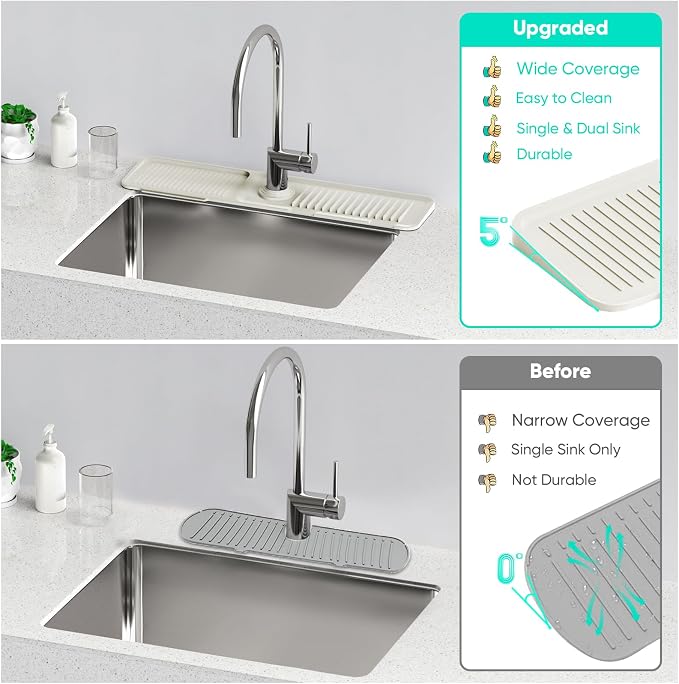 24'' Faucet Mat for Kitchen Sink [5°Slope Fast Self-draining] Faucet Mat Kitchen Sink Splash Guard Silicone Sink Faucet Mat Splash Guard Kitchen Sink Area Tidy Splash Faucet Guard Draining Mat-Beige - Image 6