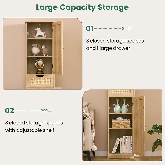Iwell Tall Narrow Storage Cabinet with Doors, Rattan Cabinet with Adjustable Shelves, Freestanding Linen Storage for Living Room, Entryway, Kitchen, Bathroom, Natural - Image 8