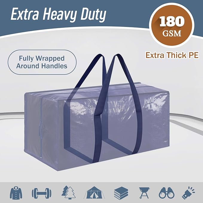 12 Pack Extra Heavy Duty Large Moving Bags with Strong Zipper, Dark Blue | Comfortable Handles, Sturdy & Durable Clothes Storage Bags Totes Bins, Blue Packing Moving Boxes for College Supplies - Image 2