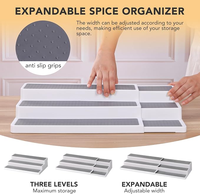 CiWiVOKi 3 Tier Expandable Spice Rack Organizer, White/Grey Plastic Spice Rack, Adjustable Length 14.6In-25.8In, 2 Pack Non-Skid Tiered Spice Shelf Organizer for Kitchen Cabinet, Cupboard, Pantry - Image 3