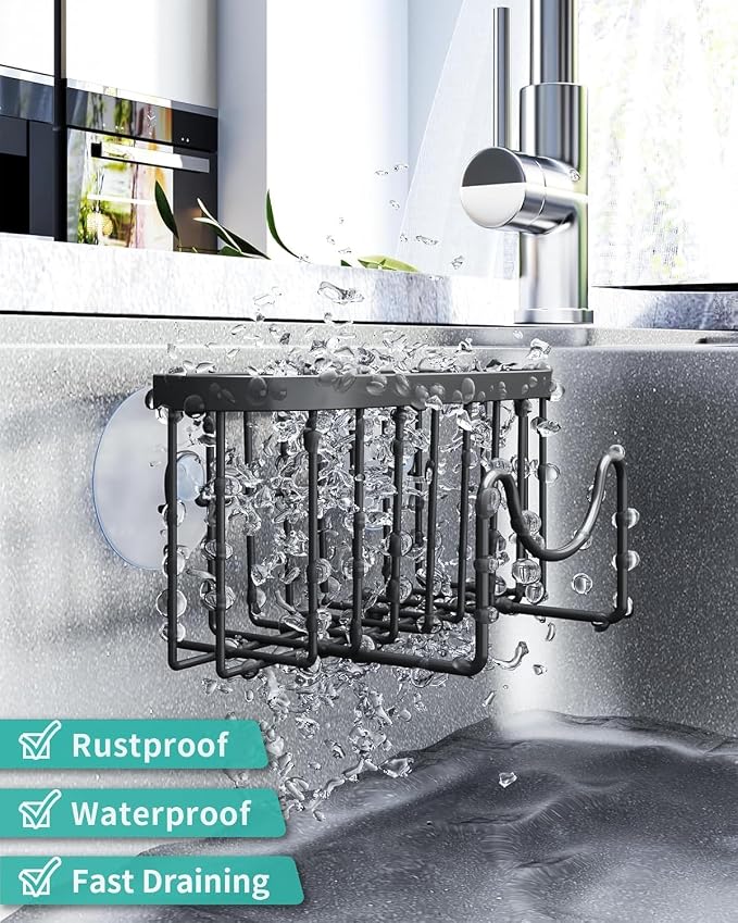 HapiRm Multifunctional Sponge Holder with Unique M-Shaped, 2 Installation Methods Kitchen Sink Caddy Organizer, Rustproof Stainless Steel Kitchen Organizers and Storage Essentials - Black (Pack of 2) - Image 5