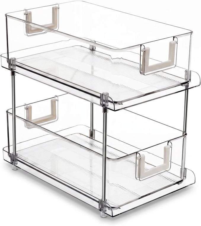 American Dream 2-Tier Sliding Drawer Organizer, Chrome & Clear | Pull-Out Cabinet Organizer, Under Sink Storage Rack, For Kitchen, Bathroom & Pantry, KD Design by AmericanDreamHomeGoods