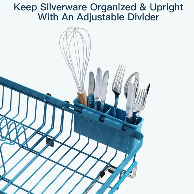 Blue Dish Drying Rack Over The Sink with Utensil Holder, Mat | Expandable Stainless Steel Dish Drainer for Small Kitchen, Apartment, RV, Counter Space Saving, Perfect Fit, Rustproof - Image 9