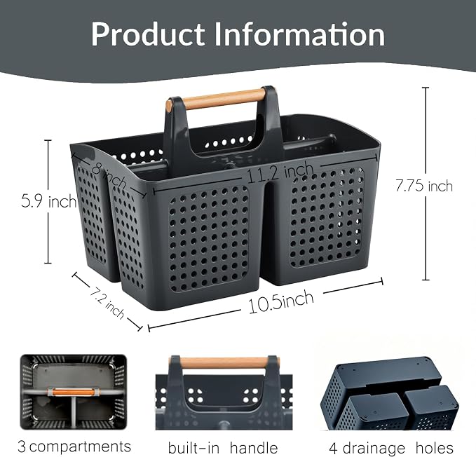 Portable Shower Caddy Basket with 3 Compartments and Handle, Dark Gray | Plastic Divided Cleaning Caddy Organizer for Laundry Rooms, Garages, Bathrooms, RVs, Cabinets and Under-Sink Storage - Image 2