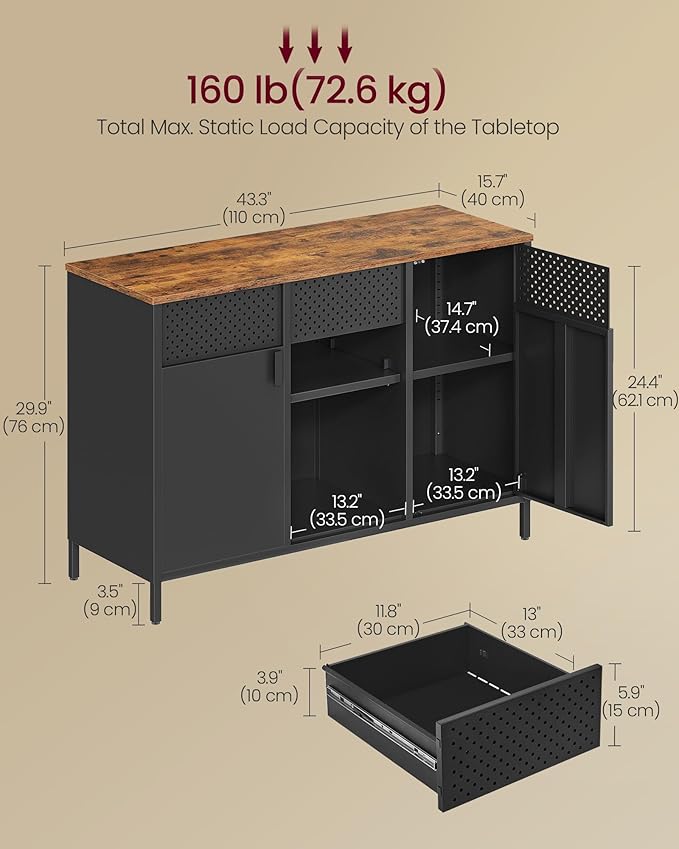 SONGMICS Storage Cabinet, Metal Cabinet, Sideboard with 2 Doors, 15.7 x 43.3 x 29.9 Inches, Magnetic Closure, Adjustable Shelves, Steel Frame, Rustic Brown and Matte Black ULSC204B01 - Image 3