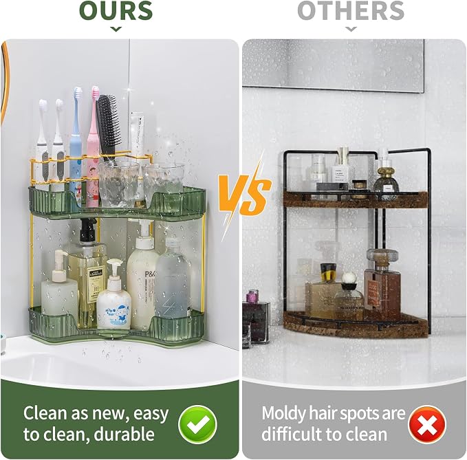 Upgraded 2-Tier Corner Bathroom Countertop Organizer – Spacious Storage for Makeup, Skincare & Perfumes, Built-in Brush Holder Fits Vanity/Dresser/Bsthtub (Sage Green) - Image 5