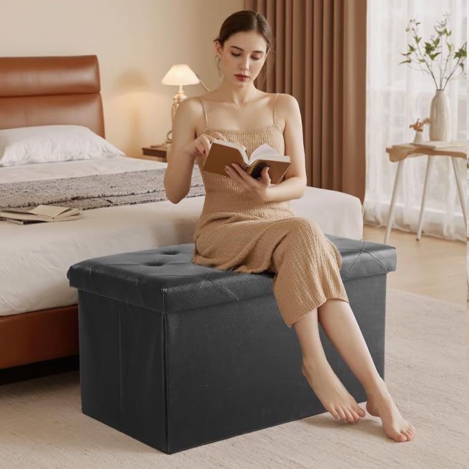DUMOS 30 Inch Folding Storage Ottoman Bench, Hidden Ottoman with Storage | Storage Chest with Padded Seat, End of Bed Foot Rest Stool for Bedroom Living Room, Load 660 lbs, Synthetic Leather, Black - Image 8