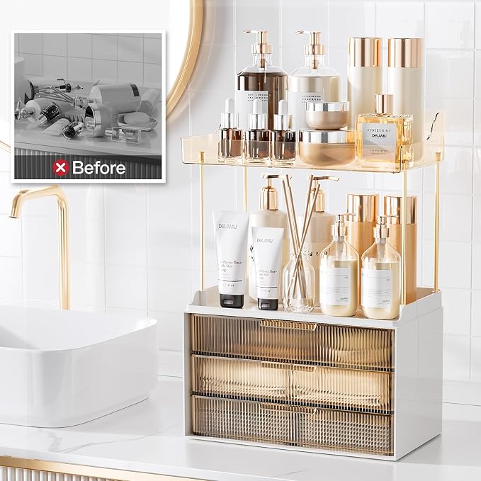 Delamu 5-Tier Makeup Organizer, Bathroom Counter Storage, 3 Drawers, Amber | Elegant Vanity Organizer Gift for Women, Holds Perfume, Skincare, Nail Polish & Hair Accessories for Bathroom Countertop - Image 5