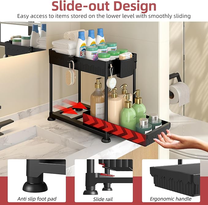 4-Pack 2-Tier Under Sink Organizer with Pull Out Drawers | Multi-use kitchen & bathroom storage. Includes hanging hooks and cups. Black, space-saving cabinet design. - Image 2